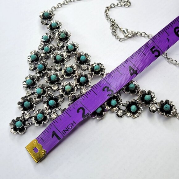 Silver Turquoise Rhinestone Flower Bib Necklace - Picture 7 of 16